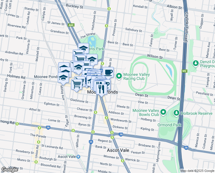 map of restaurants, bars, coffee shops, grocery stores, and more near 1-21 Dean Street in Moonee Ponds