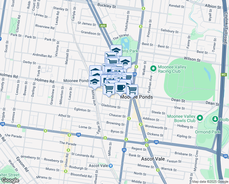 map of restaurants, bars, coffee shops, grocery stores, and more near 63 Puckle Street in Moonee Ponds