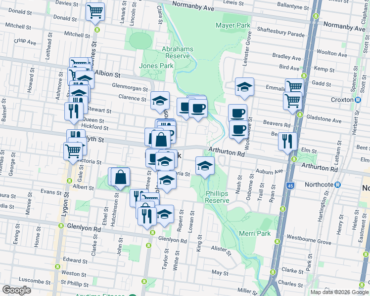 map of restaurants, bars, coffee shops, grocery stores, and more near Roberts Street in Brunswick East