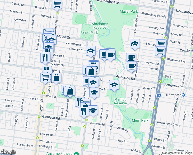 map of restaurants, bars, coffee shops, grocery stores, and more near 27 Ryan Street in Brunswick East