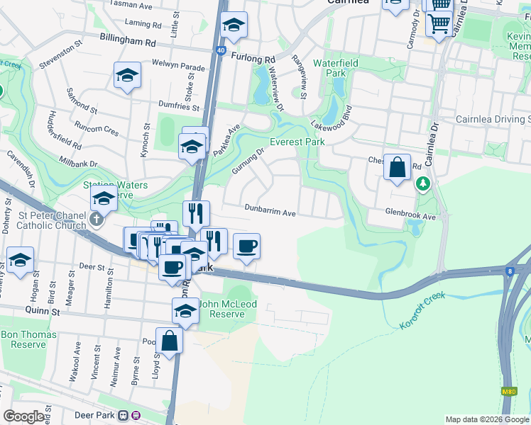 map of restaurants, bars, coffee shops, grocery stores, and more near 28 Dunbarrim Avenue in Cairnlea