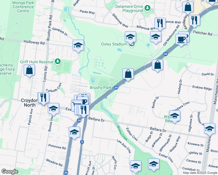 map of restaurants, bars, coffee shops, grocery stores, and more near 435 Maroondah Highway in Croydon North