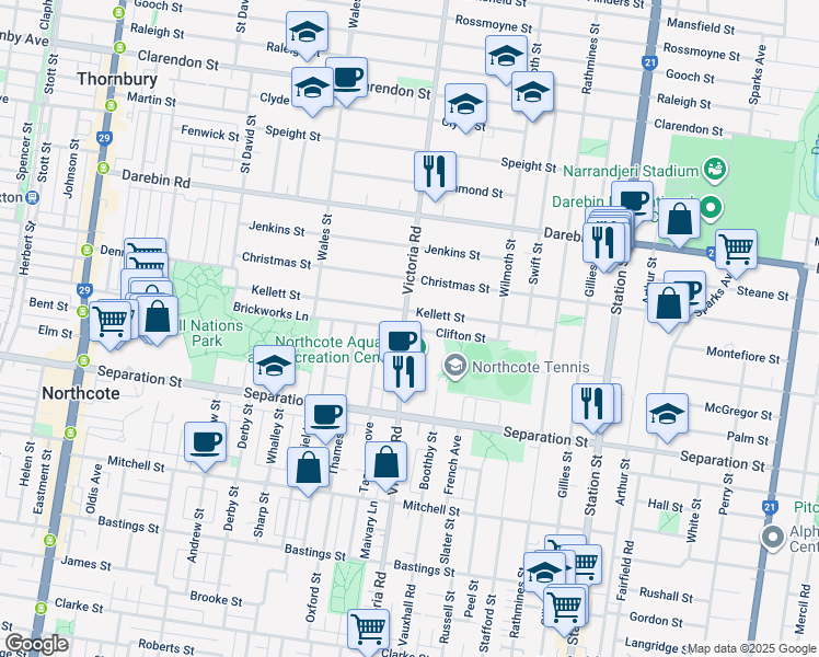 map of restaurants, bars, coffee shops, grocery stores, and more near Clifton Street in Northcote
