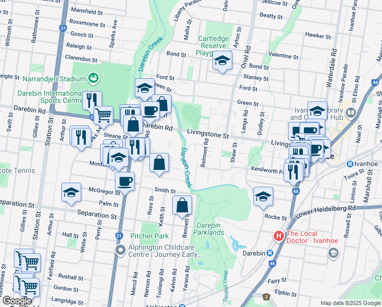 map of restaurants, bars, coffee shops, grocery stores, and more near 5 Edward Court in Ivanhoe