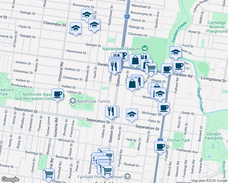 map of restaurants, bars, coffee shops, grocery stores, and more near 270 Station Street in Fairfield