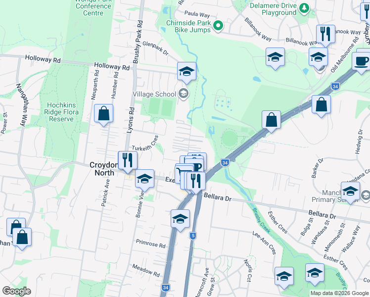 map of restaurants, bars, coffee shops, grocery stores, and more near 23 Karingal Street in Croydon North