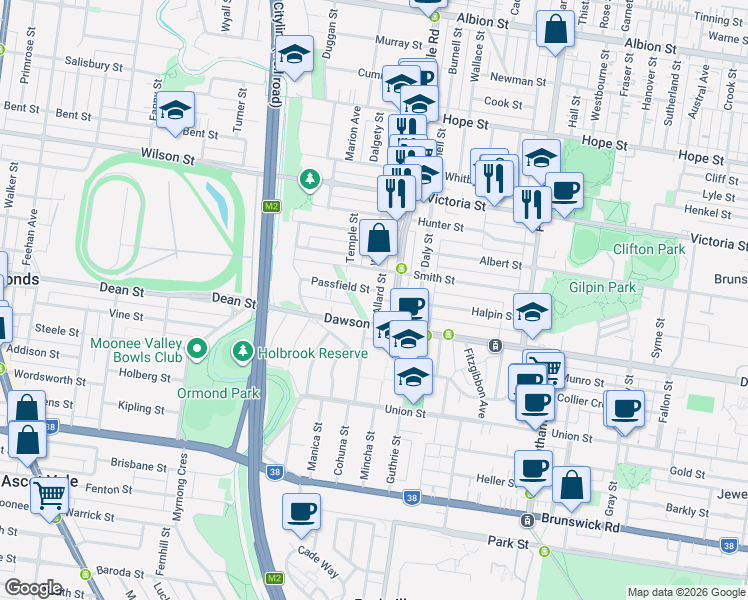 map of restaurants, bars, coffee shops, grocery stores, and more near 3 Allard Street in Brunswick West