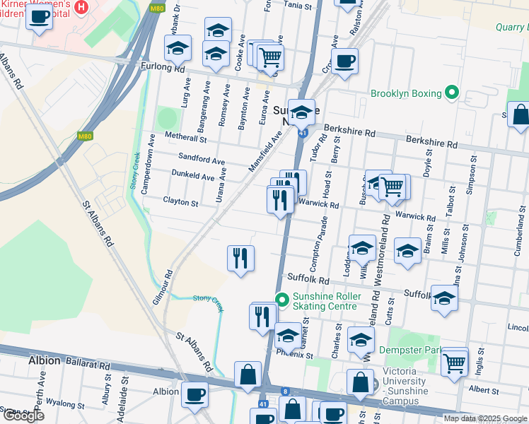 map of restaurants, bars, coffee shops, grocery stores, and more near 12 Cranbourne Avenue in Sunshine North