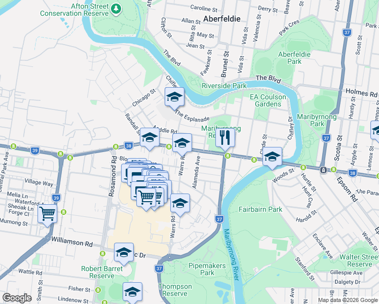 map of restaurants, bars, coffee shops, grocery stores, and more near 79 Raleigh Road in Maribyrnong