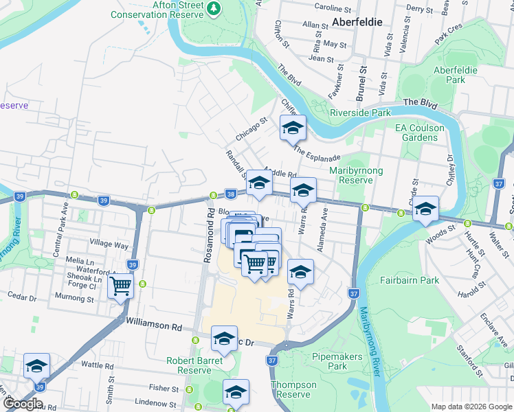 map of restaurants, bars, coffee shops, grocery stores, and more near 34 Bloomfield Avenue in Maribyrnong