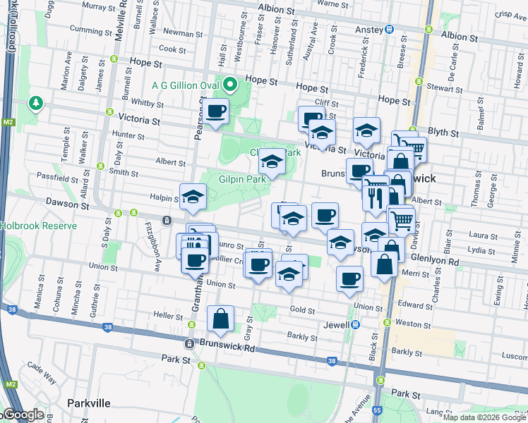 map of restaurants, bars, coffee shops, grocery stores, and more near 1 Gumbri Place in Brunswick