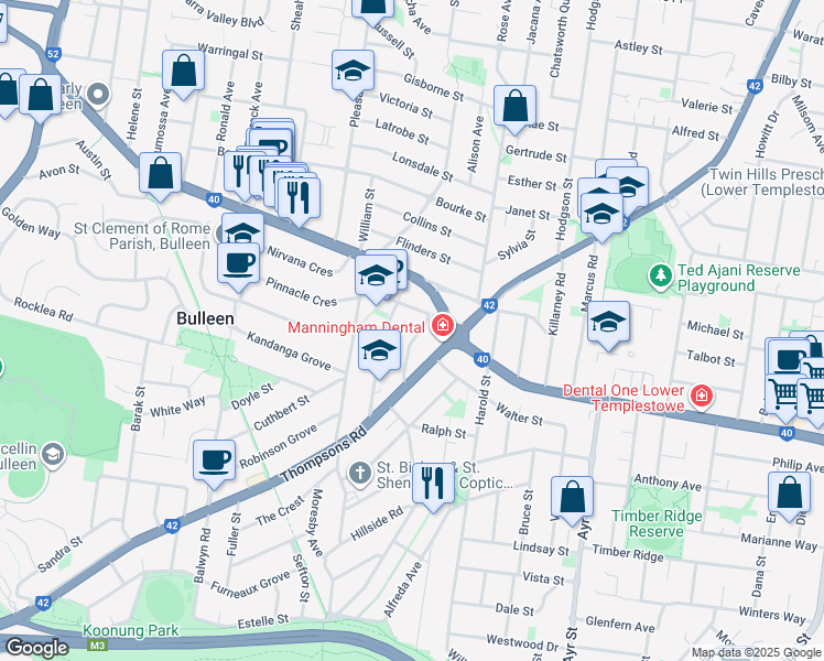 map of restaurants, bars, coffee shops, grocery stores, and more near 3 Kathleen Grove in Bulleen