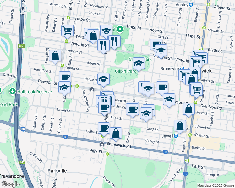 map of restaurants, bars, coffee shops, grocery stores, and more near 95 Dawson Street in Brunswick