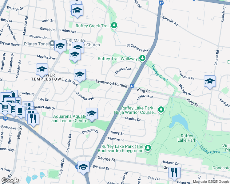 map of restaurants, bars, coffee shops, grocery stores, and more near Cambridge Wynd in Templestowe Lower