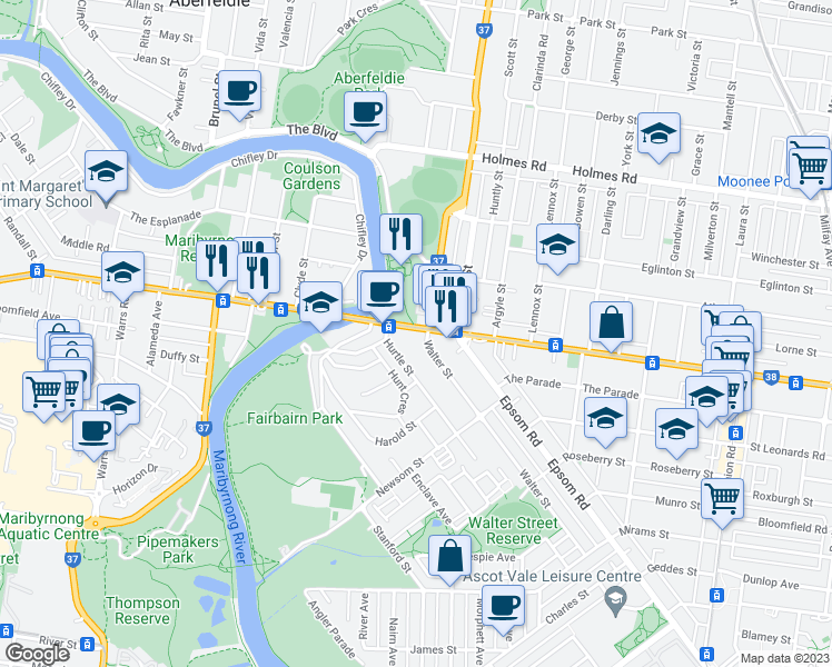 map of restaurants, bars, coffee shops, grocery stores, and more near 299 Maribyrnong Road in Ascot Vale