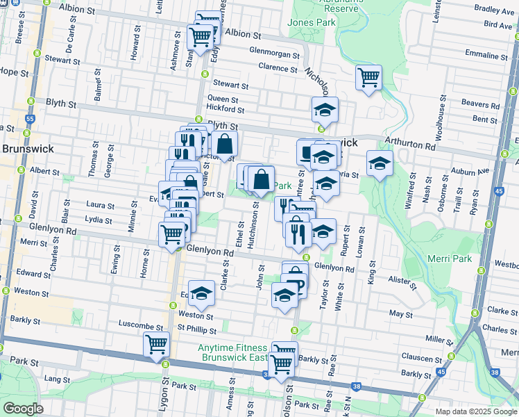 map of restaurants, bars, coffee shops, grocery stores, and more near 50 Albert Street in Brunswick East