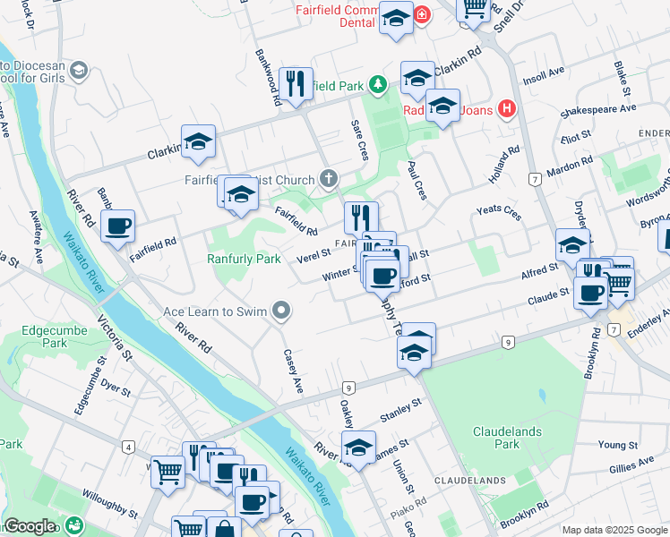 map of restaurants, bars, coffee shops, grocery stores, and more near 14 Winter Street in Hamilton