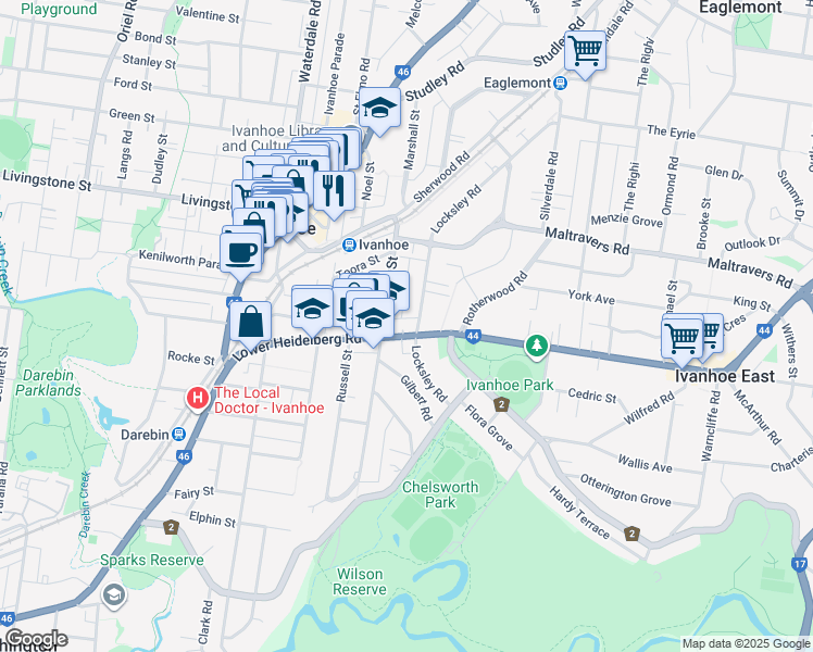 map of restaurants, bars, coffee shops, grocery stores, and more near 91 Lower Heidelberg Road in Ivanhoe