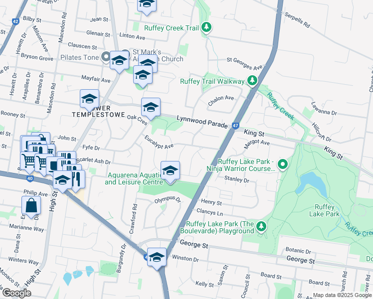 map of restaurants, bars, coffee shops, grocery stores, and more near 2 Sophora Court in Templestowe Lower