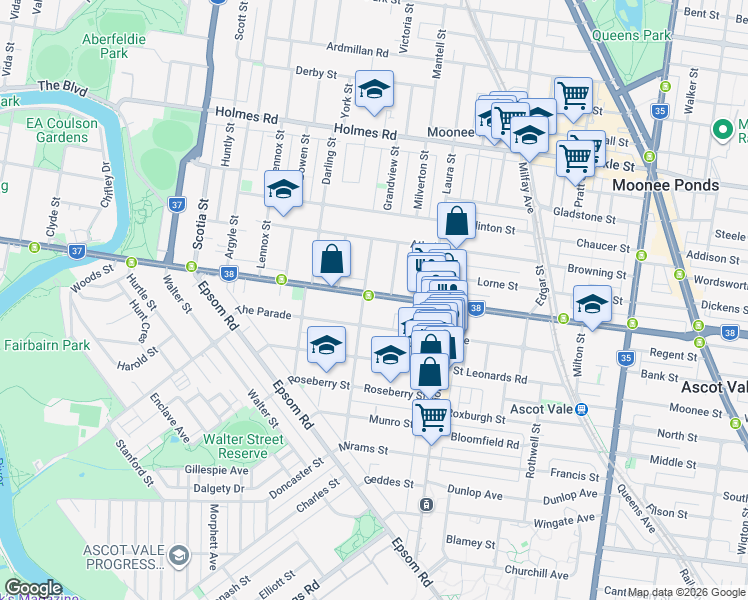 map of restaurants, bars, coffee shops, grocery stores, and more near 163 Maribyrnong Road in Ascot Vale
