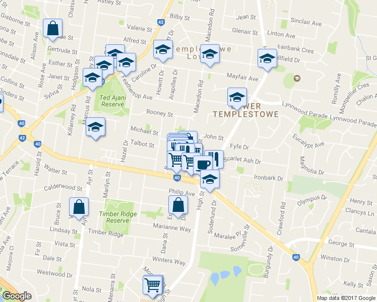 map of restaurants, bars, coffee shops, grocery stores, and more near 44 Macedon Road in Manningham
