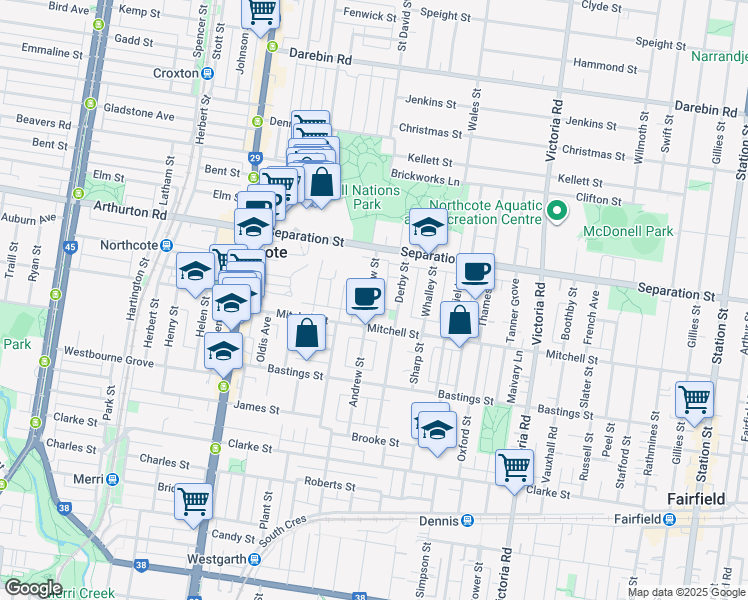 map of restaurants, bars, coffee shops, grocery stores, and more near 50 Andrew Street in Northcote