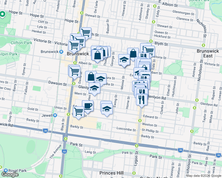 map of restaurants, bars, coffee shops, grocery stores, and more near 87 Glenlyon Road in Brunswick