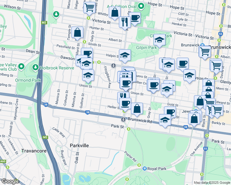 map of restaurants, bars, coffee shops, grocery stores, and more near 173 Union Street in Brunswick West