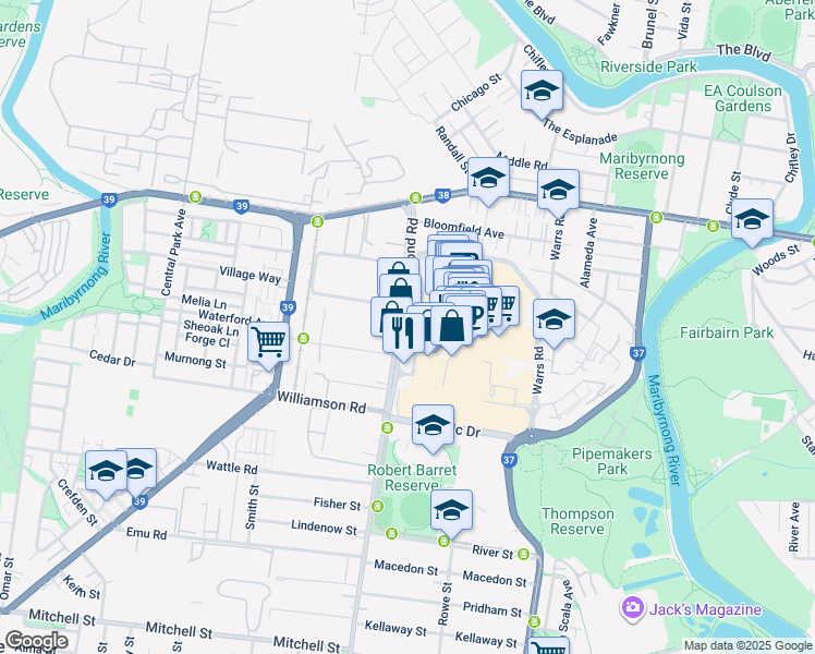 map of restaurants, bars, coffee shops, grocery stores, and more near 200 Rosamond Road in Maribyrnong