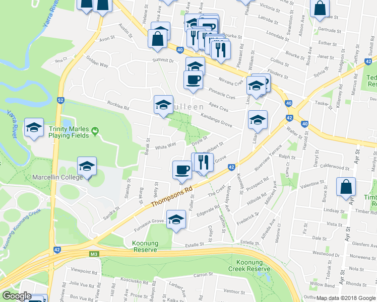map of restaurants, bars, coffee shops, grocery stores, and more near 30 Doyle Street in Manningham