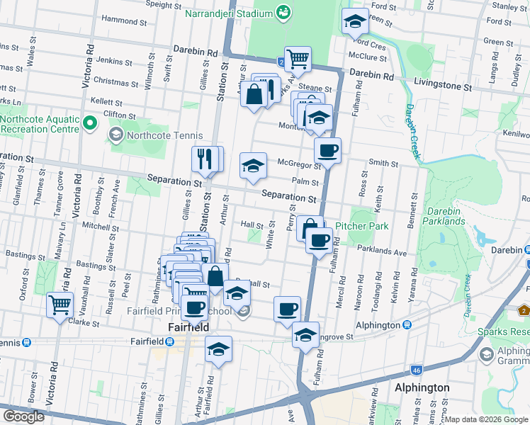 map of restaurants, bars, coffee shops, grocery stores, and more near 36 Rayment Street in Fairfield
