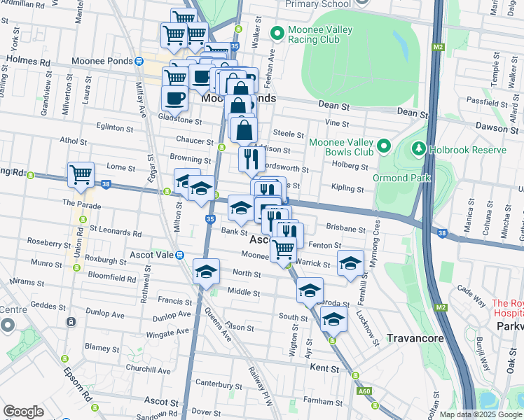map of restaurants, bars, coffee shops, grocery stores, and more near 447 Mount Alexander Road in Ascot Vale