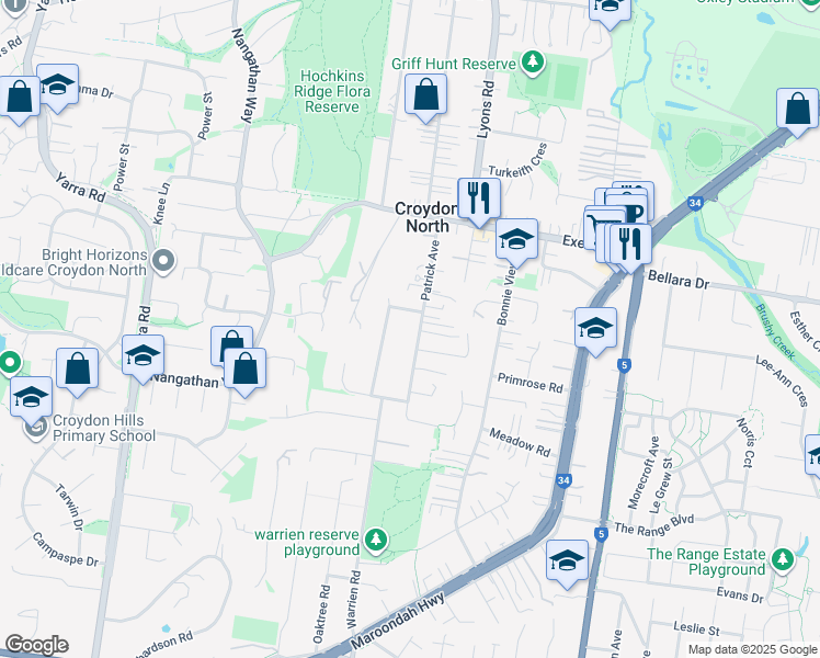 map of restaurants, bars, coffee shops, grocery stores, and more near 25 Patrick Avenue in Croydon North