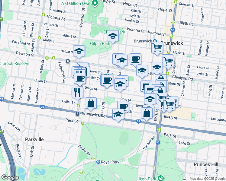 map of restaurants, bars, coffee shops, grocery stores, and more near 108-124 Union Street in Brunswick