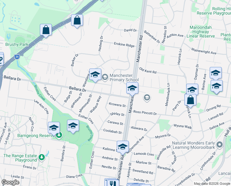 map of restaurants, bars, coffee shops, grocery stores, and more near 18 Bellara Drive in Mooroolbark
