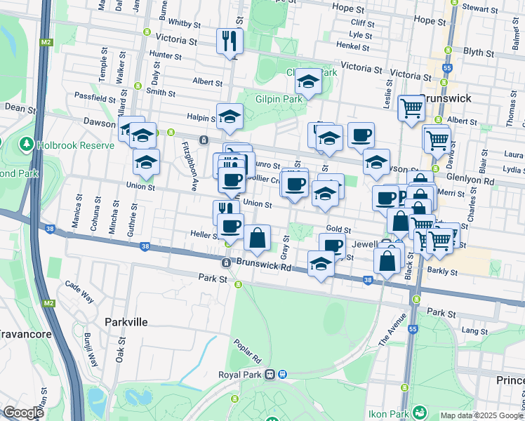 map of restaurants, bars, coffee shops, grocery stores, and more near 139 Union Street in Brunswick