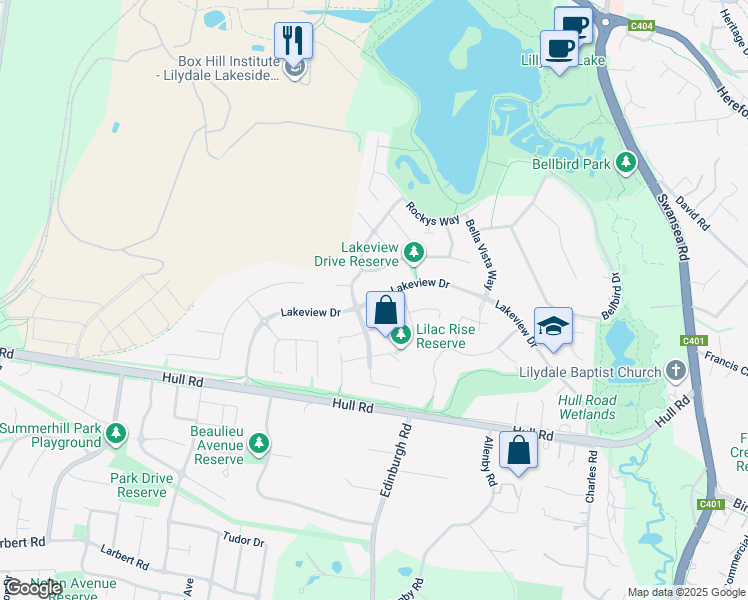 map of restaurants, bars, coffee shops, grocery stores, and more near Lakeview Drive in Lilydale