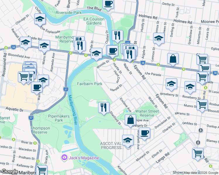 map of restaurants, bars, coffee shops, grocery stores, and more near 28 Harold Street in Ascot Vale