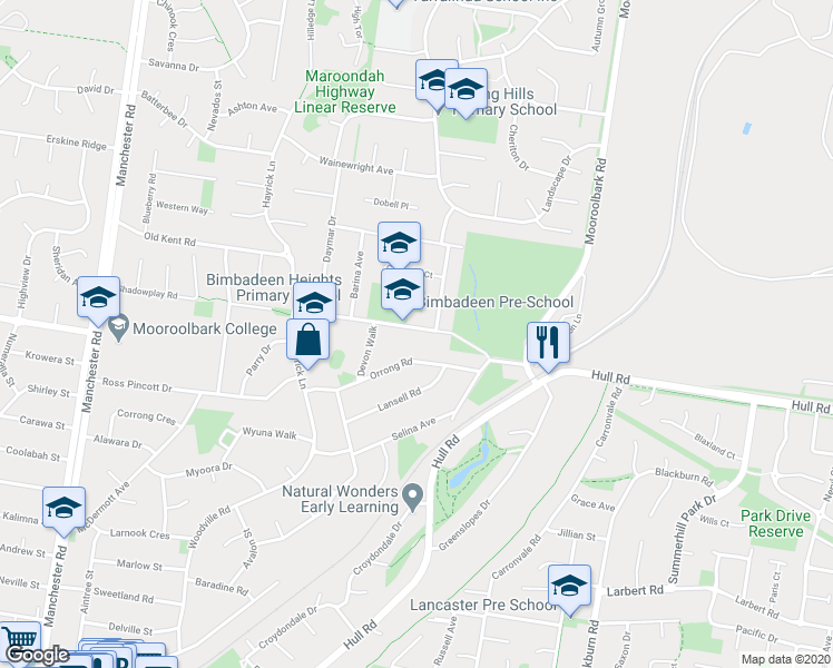 map of restaurants, bars, coffee shops, grocery stores, and more near 44 Bimbadeen Drive in Mooroolbark