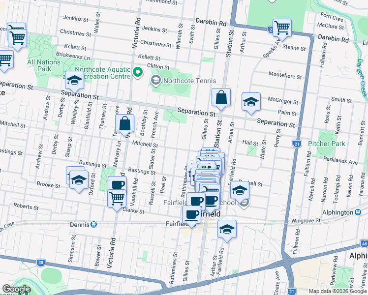 map of restaurants, bars, coffee shops, grocery stores, and more near 243 Mitchell Street in Fairfield