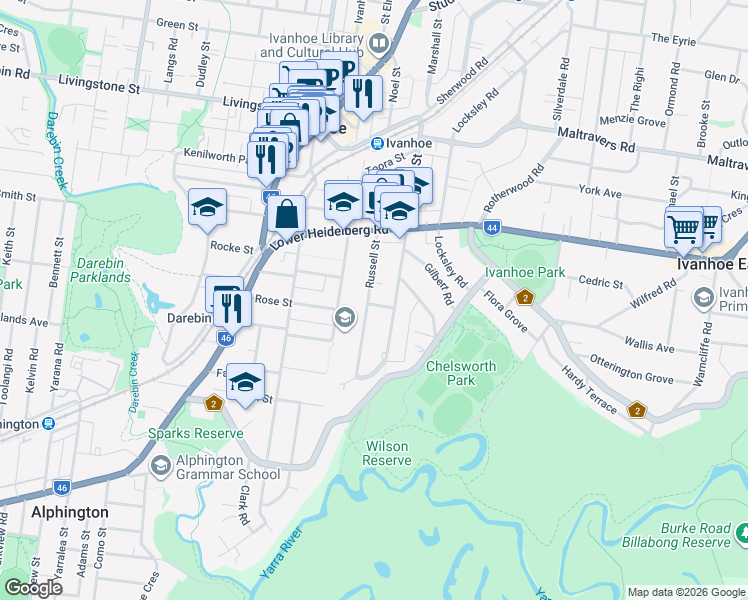map of restaurants, bars, coffee shops, grocery stores, and more near 36 Russell Street in Ivanhoe