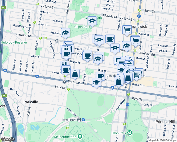 map of restaurants, bars, coffee shops, grocery stores, and more near 29 Hodgson Street in Brunswick