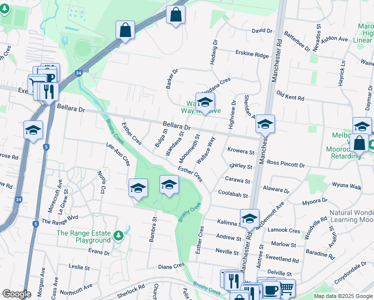 map of restaurants, bars, coffee shops, grocery stores, and more near 11 Monomeith Street in Mooroolbark
