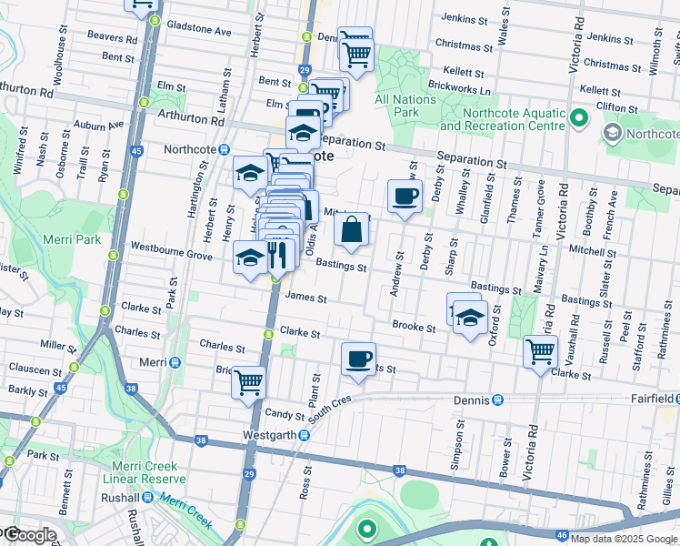 map of restaurants, bars, coffee shops, grocery stores, and more near 36 Bastings Street in Northcote