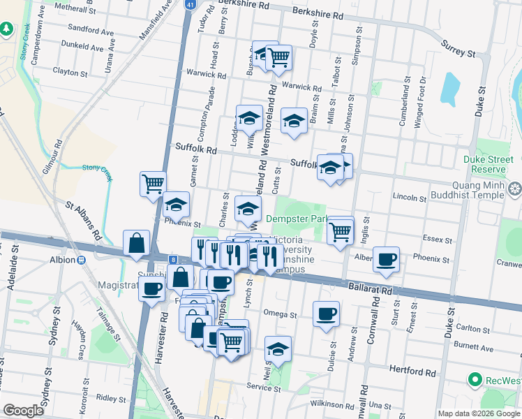 map of restaurants, bars, coffee shops, grocery stores, and more near 16 Westmoreland Road in Sunshine North