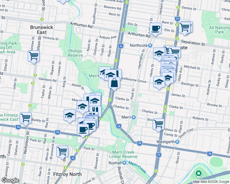 map of restaurants, bars, coffee shops, grocery stores, and more near 19-25 Saint Georges Road in Northcote