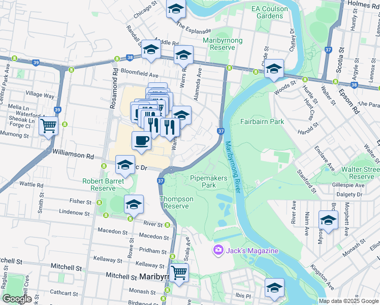 map of restaurants, bars, coffee shops, grocery stores, and more near 9 Horizon Drive in Maribyrnong