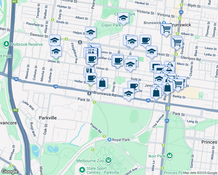 map of restaurants, bars, coffee shops, grocery stores, and more near 1 Heller Street in Brunswick