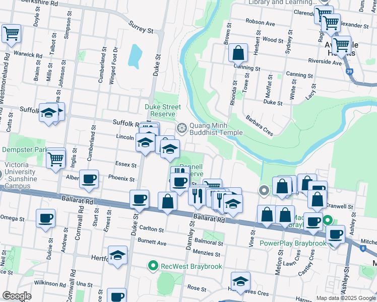 map of restaurants, bars, coffee shops, grocery stores, and more near 2 Mullenger Road in Braybrook