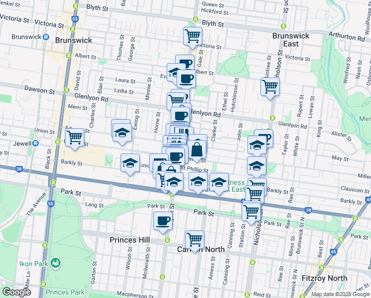 map of restaurants, bars, coffee shops, grocery stores, and more near 172 Edward Street in Brunswick East